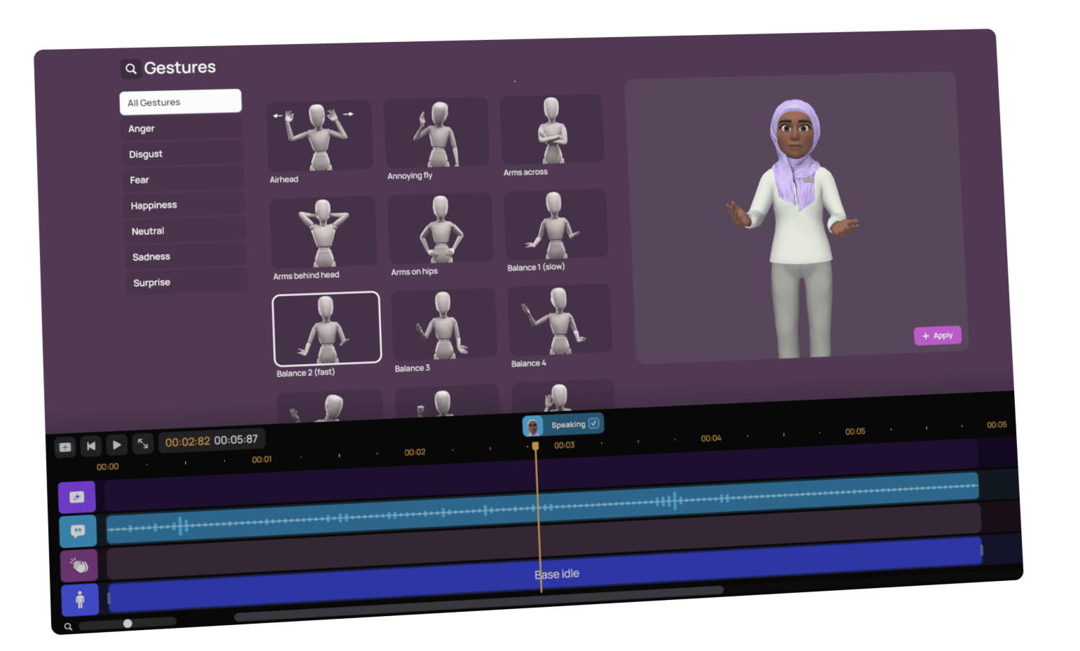 Editing Character gestures with multiple gesture options to choose from and preview